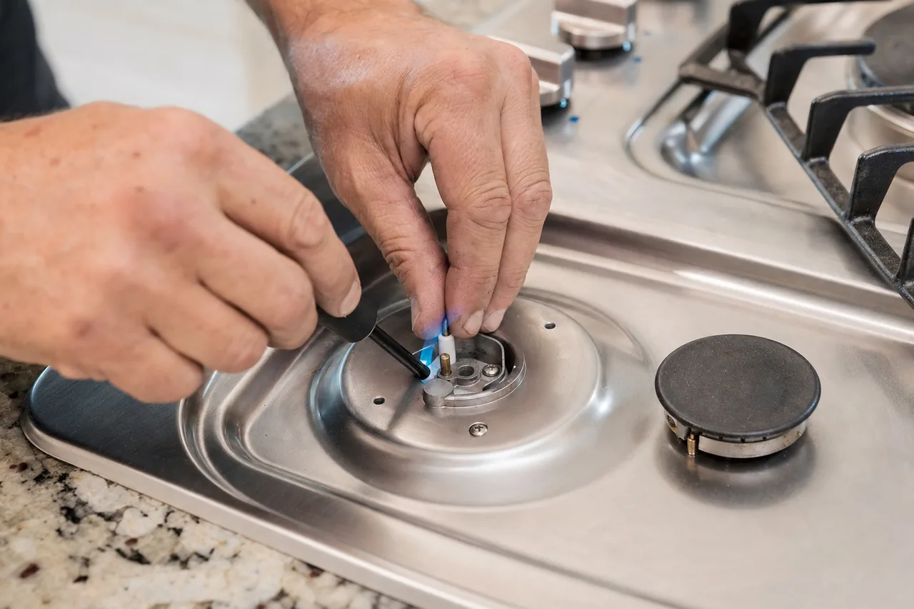 Technician adjusting a gas cooktop burner in a Port Washington kitchen