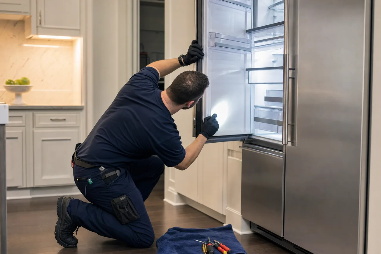 A technician servicing a stainless Wolf range in a Port Washington kitchen