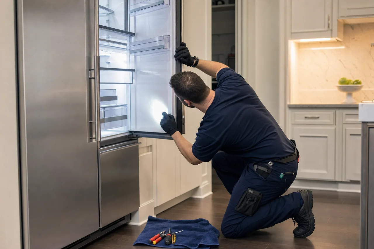 Technician repairing a built-in refrigerator up close