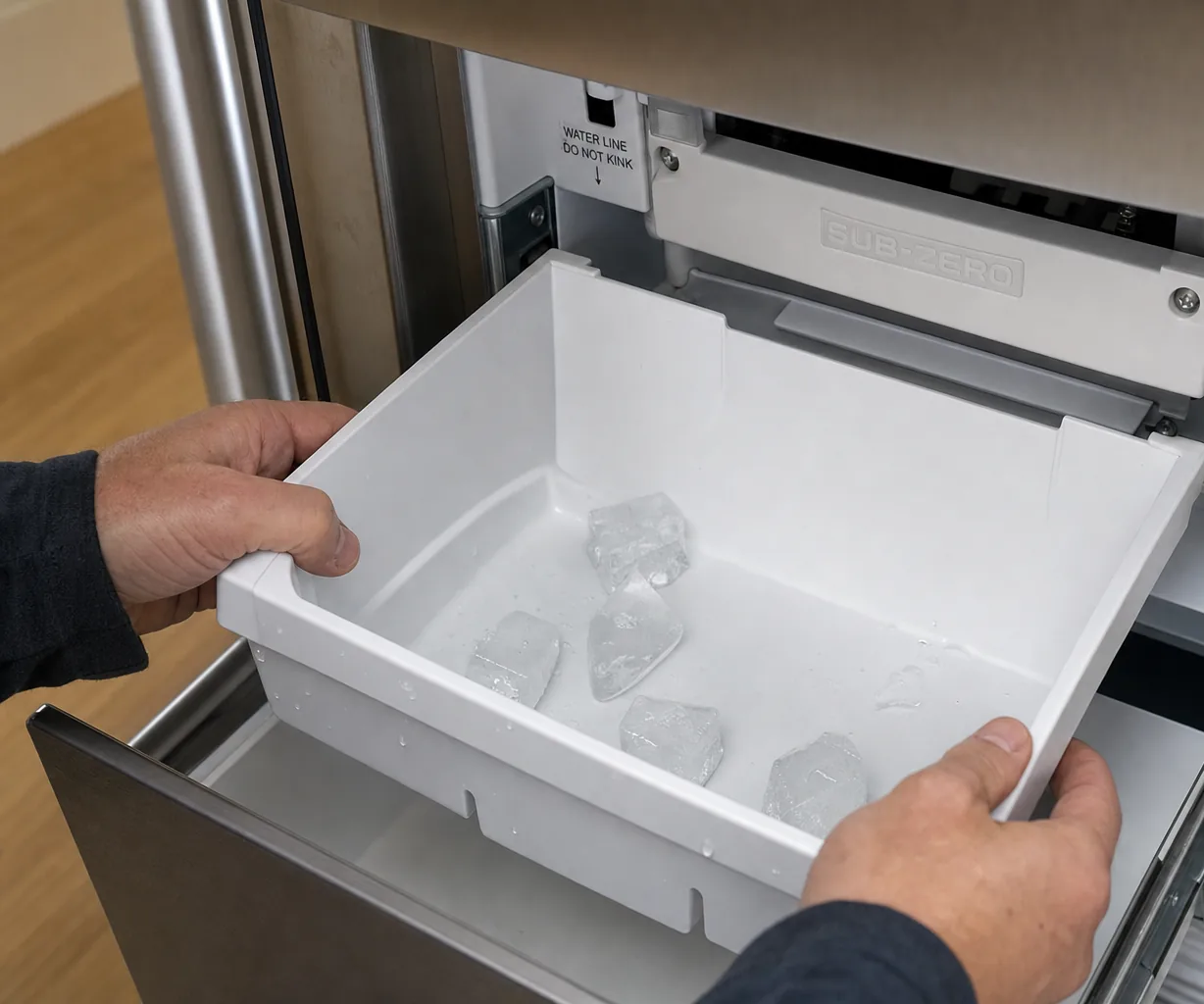 Technician servicing a built-in ice maker in a Port Washington kitchen