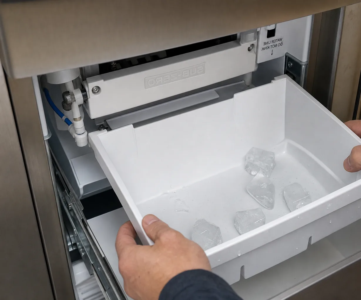 Technician servicing a built-in ice maker mid-repair