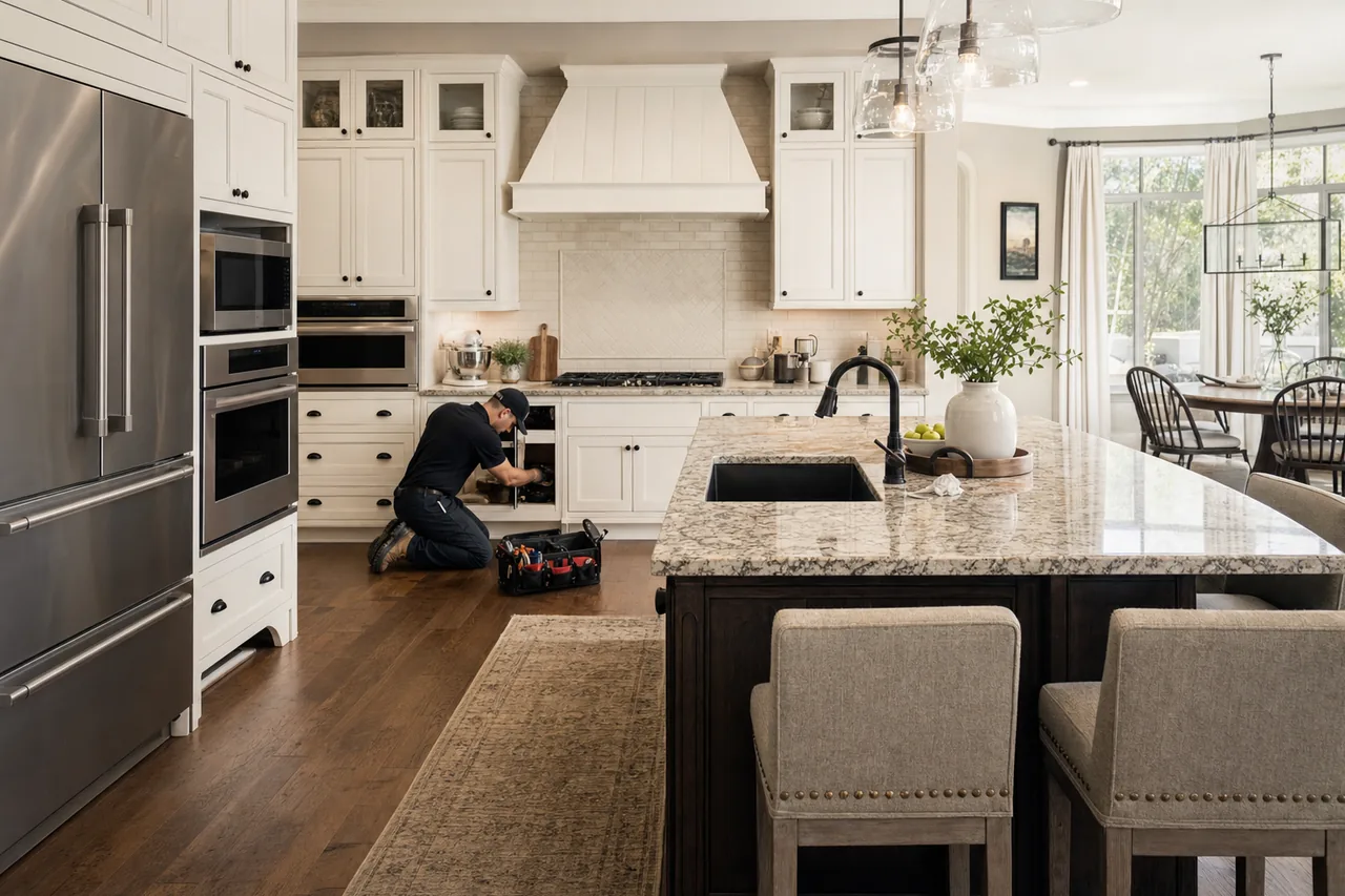 A luxury kitchen with built-in stainless appliances in a Port Washington kitchen