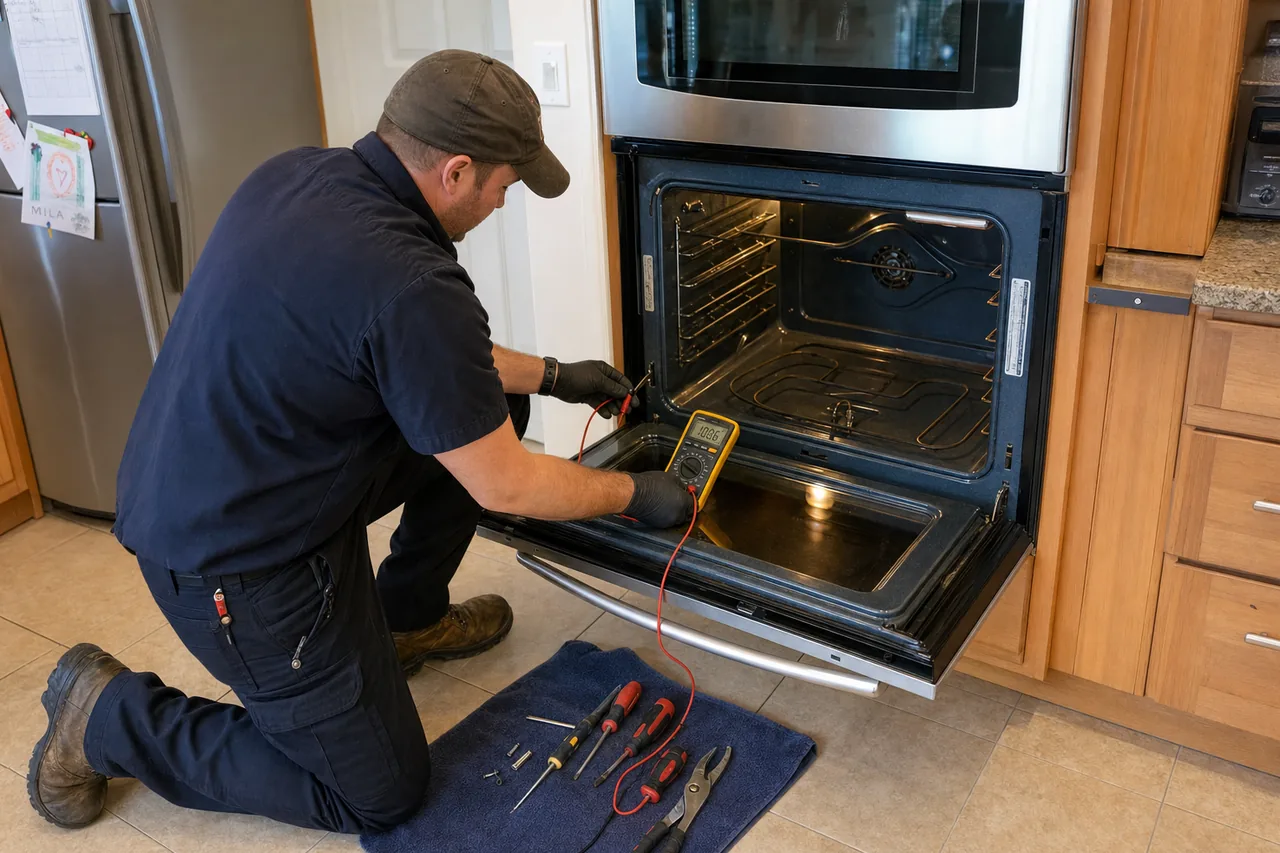 Technician servicing a built-in wall oven