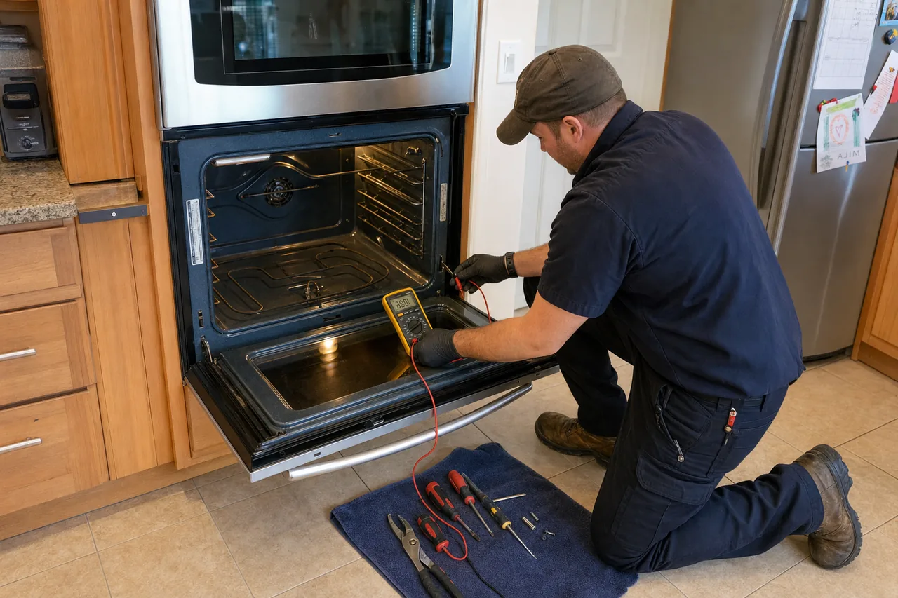Technician servicing a built-in wall oven in a Port Washington kitchen