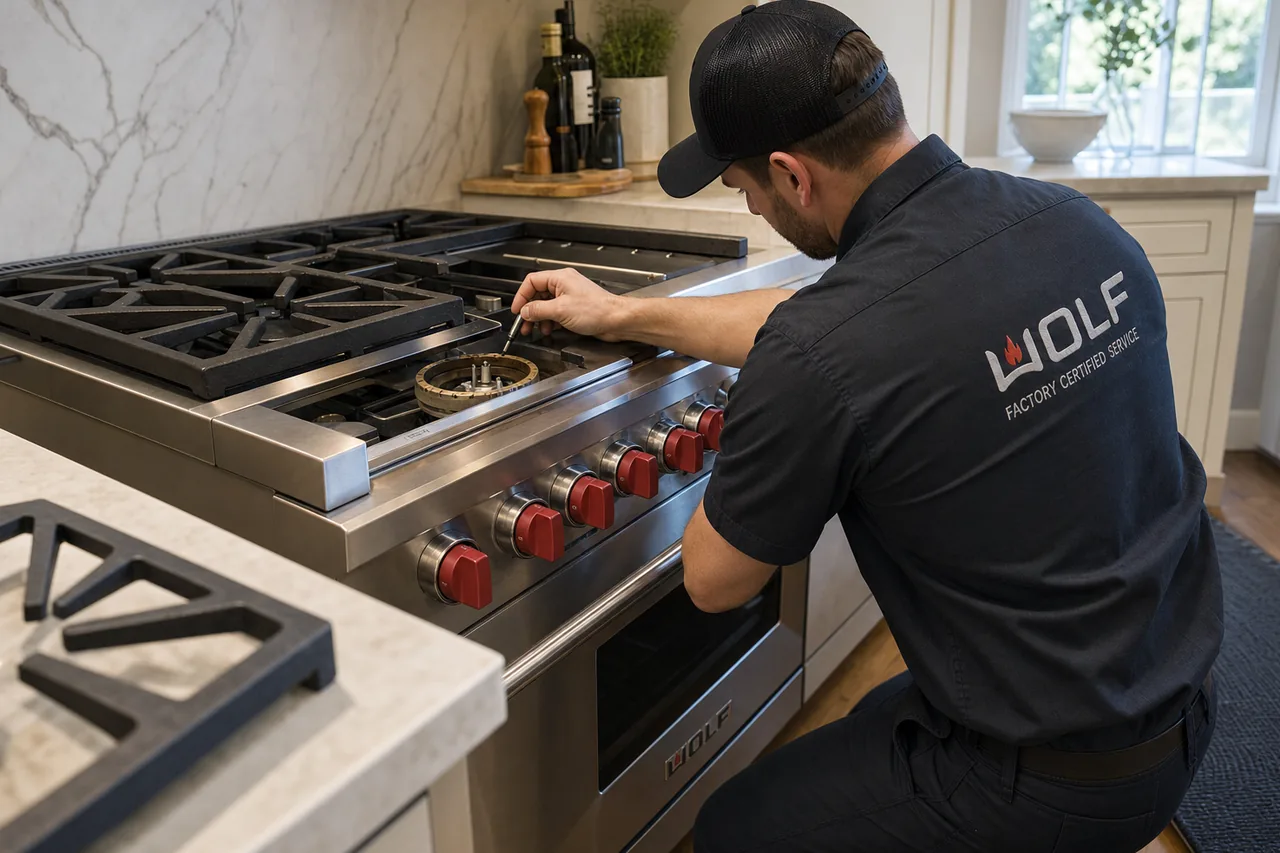 Technician servicing a stainless Wolf range